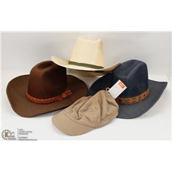 FLAT OF 3 WOMENS COWBOY HATS & 1 PAINTER HAT (NEW
