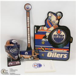 FLAT OF VINTAGE OILERS COLLECTIBLES INCL CLOCK,