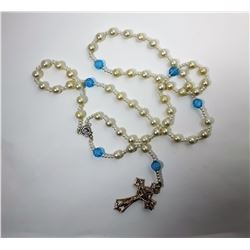 15)  PEARL & BLUE CRYSTAL ROSARY