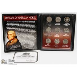 100 YEARS OF AMERICAN NICKELS 9 PC SET.