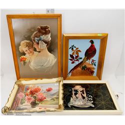 5) BOX OF 3 OLD FRAMED POSTER PICTURES VINTAGE, &