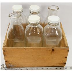 VINTAGE WOODEN JAPANESE ORANGE BOX & 6 MILK BOTTLE