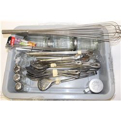 BUS PAN FULL OF MISC WHISKS GLASSWARE ETC.