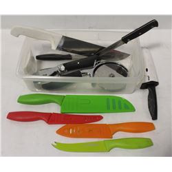 SMALL BIN OF HOUSEHOLD KITCHEN UTENSILS INCLUDING: