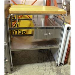 OAK TOP CUTTING BOARD ON STAINLESS STEEL CART WITH