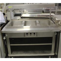 3 WELL ELECTRIC STEAM TABLE ON WHEELS OVERSHELF