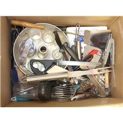 LARGE BOX OF KITCHEN UTENSILS & ACCESSORIES