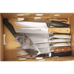 FLAT OF KITCHEN KNIVES W/ NAMES LIKE CUISINART,