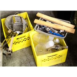 2 MILK CRATES OF MISC. RESTAURANT UTENSILS &