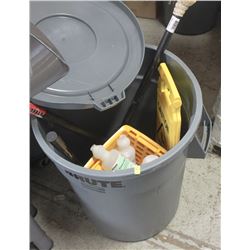 32 GALLON BRUTE WITH NEW SHOVEL, WET FLOOR SIGN,