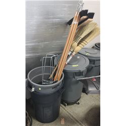 TWO BRUTE WASTE BINS WITH BRISTLE BROOM AND 24"