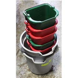 TWO 15 QUART WASHING PAILS WITH FIVE 5 QUART