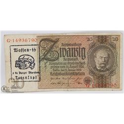 NAZI SS BANKNOTE STAMPED 3TH PANZ. DIVISION