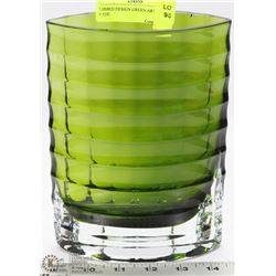 RIBBED DESIGN GREEN ART GLASS VASE.