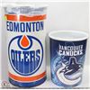 VINTAGE OILERS & VANCOUVER CANUCKS WASTEBASKETS