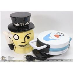 MR PEANUT COOKIE JAR WITH OLAF IRON WAFFLE MAKER