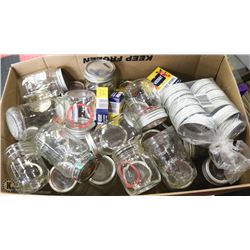 BOX WITH 30 CANNING JARS, LIDS & RUBBER RINGS.