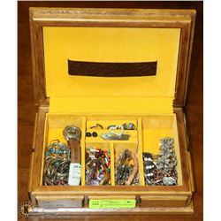 WOOD & LEATHER JEWELLERY BOX FULL OF