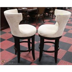 PAIR OF WOOD AND MICROFIBRE SWIVEL BAR STOOLS