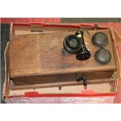 ANTIQUE COMPLETE W/GUTS WOOD WALL PHONE
