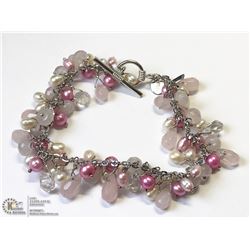 12) ST. SILVER PINK DYED BEADED PEARLED BRACELET