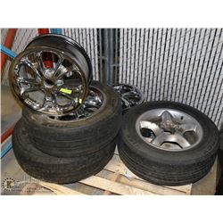 4 CHROME RIMS 5 BOLT, WITH EXTRA TIRE ON RIM