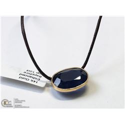43) 14KT GOLD SAPPHIRE PENDANT ON CORD NECKLACE