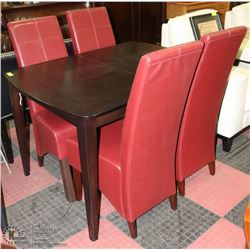 TABLE WITH BUILT IN  LEAF AND 4 RED LEATHERETTE