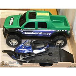 GREEN TONKA TRUCK & TRAILER WITH SKIDDOO