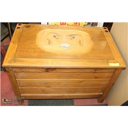 CARVED RAM TOP WOOD TOY BOX WITH BATMAN TOY