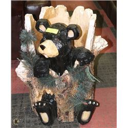 LARGE RESIN BLACK BEAR CUB IN TREE TRUNK GARDEN