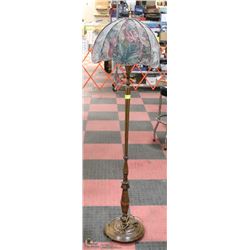 VINTAGE WOOD FLOOR LAMP FLORAL SHADE.