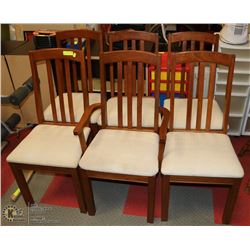 6 WHITE CLOTH WOOD FRAME CHAIRS.