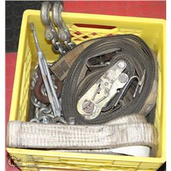CRATE FILLED W/ CHAINS, HOOKS, STRAPS, SLINGS &