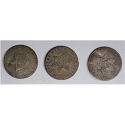 3 THREE CENT SILVERS; 2 -SLIGHTLY BENT