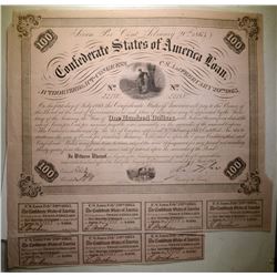 1863 $100 CONFEDERATE WAR BOND, VF 7-COUPONS