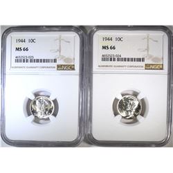 2 - 1944  MERCURY  DIMES NGC MS66