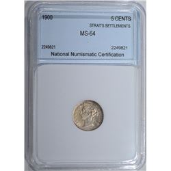 1900 SILVER 5 CENTS STRAITS SETTLEMENTS