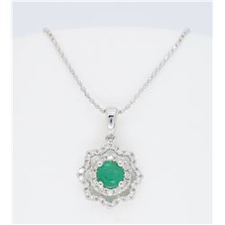 14KT White Gold 0.25ct Emerald and Diamond Pendant with Chain