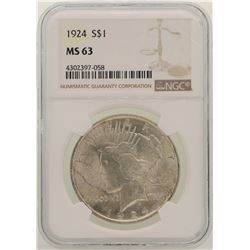 1924 $1 Peace Silver Dollar Coin NGC MS63