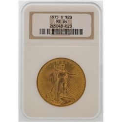 1915-S $20 St. Gaudens Double Eagle Gold Coin NGC MS64
