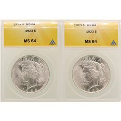 Lot of (2) 1923 $1 Peace Silver Dollar Coins ANACS MS64