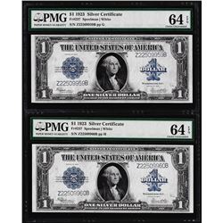 (2) Consecutive 1923 $1 Silver Certificate Note Fr.238 PMG Choice Uncirculated 6