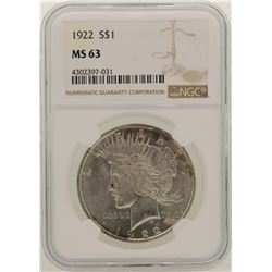 1922 $1 Peace Silver Dollar Coin NGC MS63