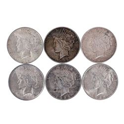 Lot of (6) $1 Peace Silver Dollar Coins