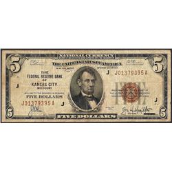 1929 $5 Federal Reserve Bank Note Kansas City, MO