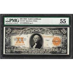 1922 $20 Gold Certificate Note Fr.1187 PMG About Uncirculated 55