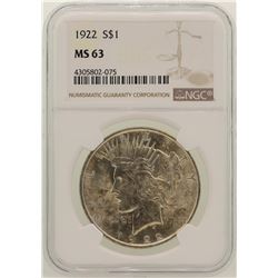1922 $1 Peace Silver Dollar Coin NGC MS63