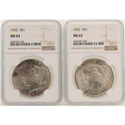 Lot of (2) 1923 $1 Peace Silver Dollar Coins NGC MS63