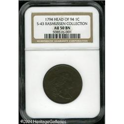 1794 1C Head of 1794 AU50 NGC. VF30 EAC. S-43, Die Sta 1794 1C Head of 1794 AU50 NGC. VF30 EAC.